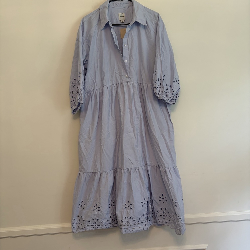 Maeve Anthropologie XLP Bettina Tiered Shirt Midi Dress Eyelet Puff Blue FLAW